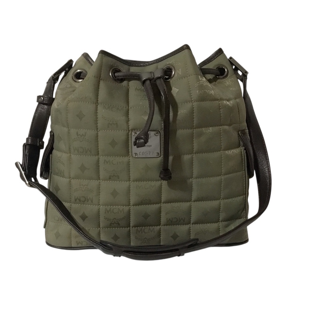 MCM Olive Quilted Monogram Vintage Drawstring Shoulder Bag